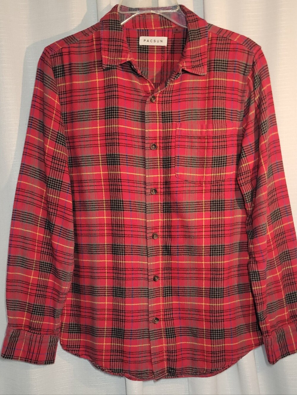 PacSun Red Plaid Button-Down Shirt with Black Green and Yellow Accents